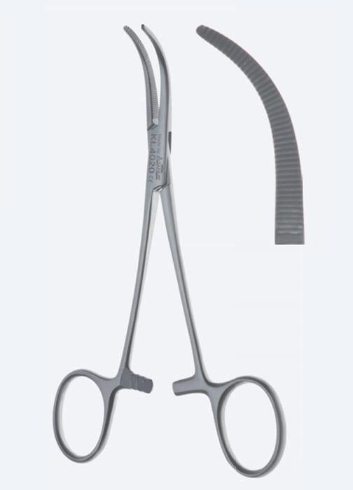 Зажими дисекційні та лігатурні, Baby-Overholt, сильно вигнуті, зубчасті щелепи, з кремальєрою, довжина 135 мм. Бренд - Asanus Medizintechnik Gmb, Німеччина